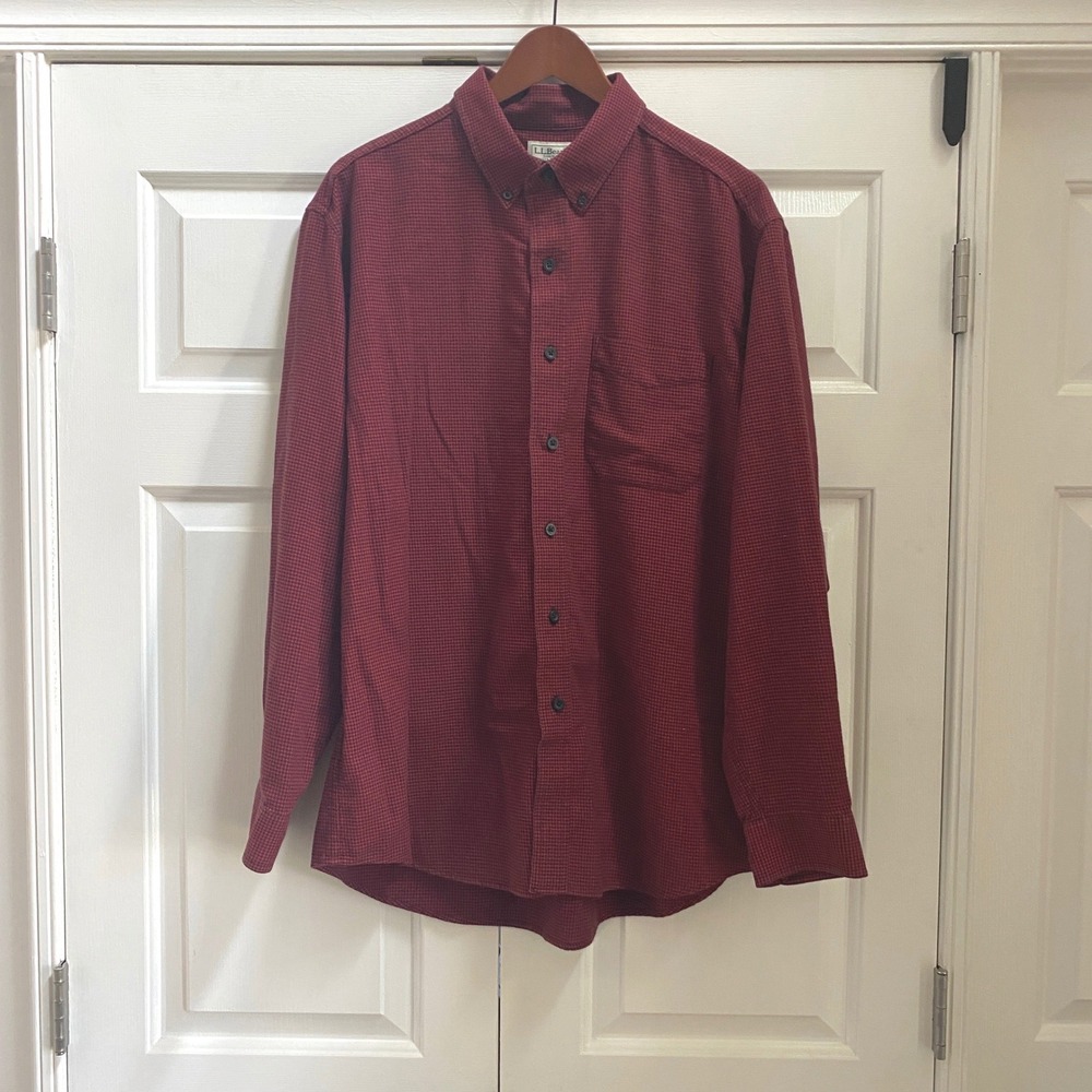 LL Bean Wicked Good Flannel Shirt Men L Red Houndstooth Button Up Cotton Rugged